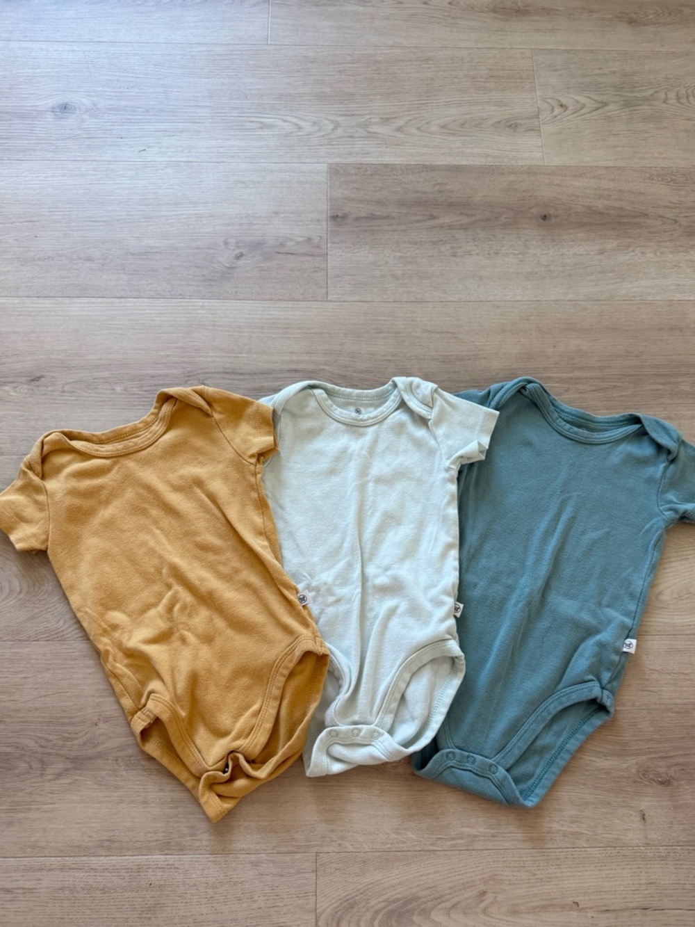 6-9M One-Piece Bodysuit – Mustard, Mint, and Teal (3-Pack)